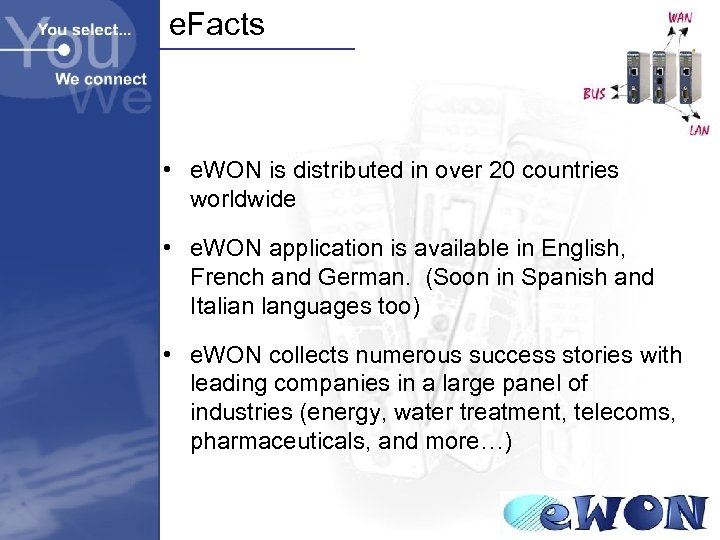 e. Facts • e. WON is distributed in over 20 countries worldwide • e.