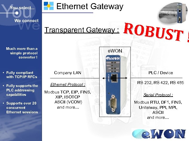 Ethernet Gateway Transparent Gateway : Much more than a simple protocol converter ! ROBUST