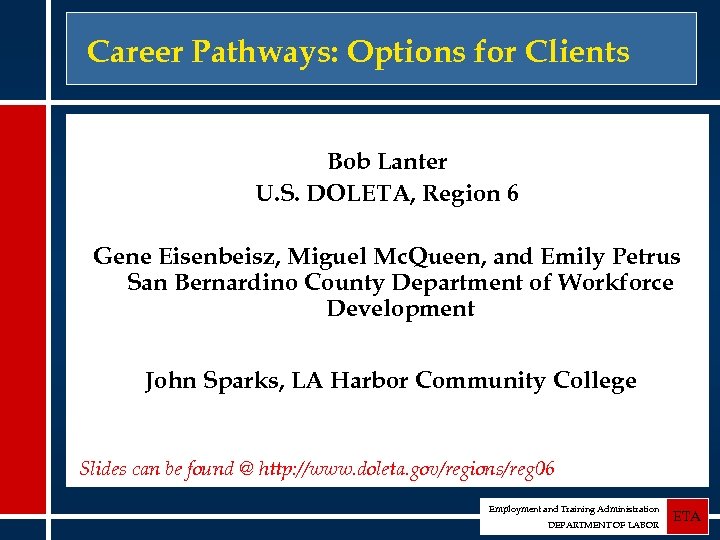 Career Pathways: Options for Clients Bob Lanter U. S. DOLETA, Region 6 Gene Eisenbeisz,