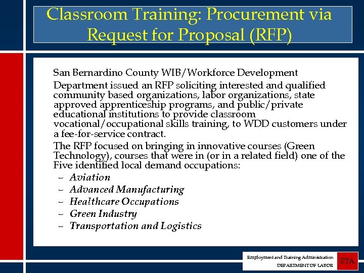 Classroom Training: Procurement via Request for Proposal (RFP) San Bernardino County WIB/Workforce Development Department