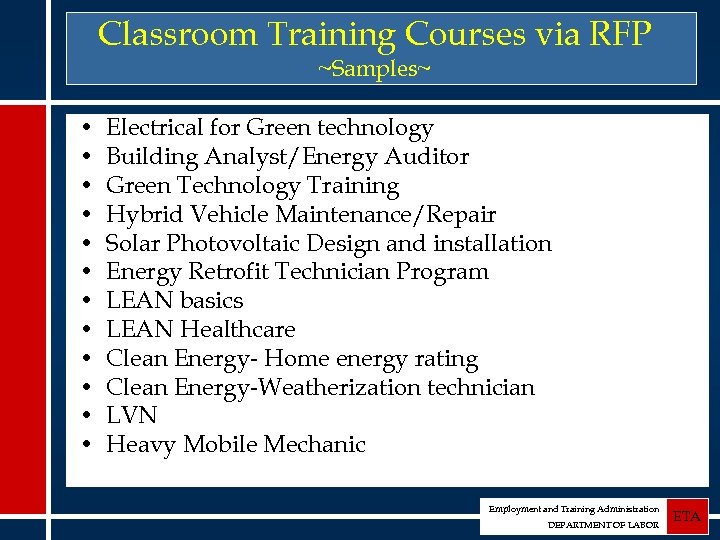 Classroom Training Courses via RFP ~Samples~ • • • Electrical for Green technology Building