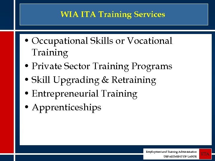 WIA ITA Training Services • Occupational Skills or Vocational Training • Private Sector Training