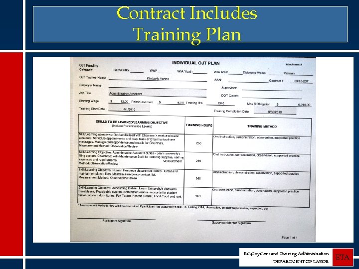 Contract Includes Training Plan Employment and Training Administration DEPARTMENT OF LABOR ETA 