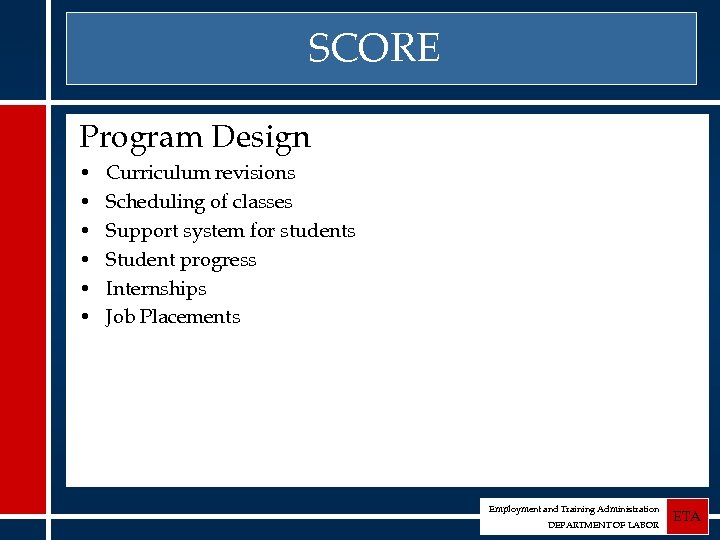 SCORE Program Design • • • Curriculum revisions Scheduling of classes Support system for