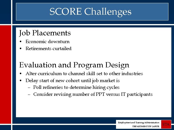 SCORE Challenges Job Placements • Economic downturn • Retirements curtailed Evaluation and Program Design