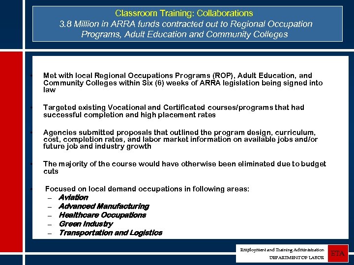 Classroom Training: Collaborations 3. 8 Million in ARRA funds contracted out to Regional Occupation