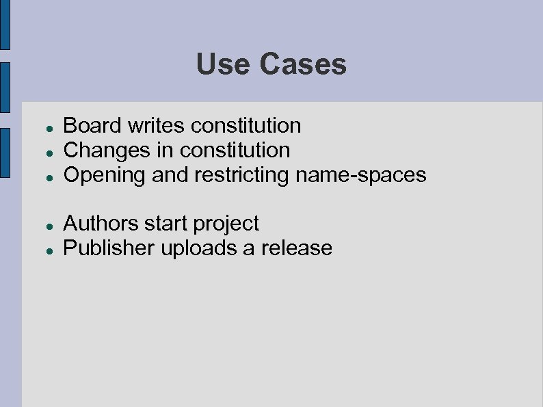 Use Cases Board writes constitution Changes in constitution Opening and restricting name-spaces Authors start