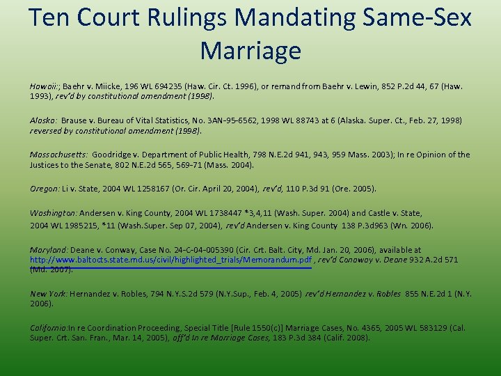 Ten Court Rulings Mandating Same-Sex Marriage Hawaii: ; Baehr v. Miicke, 196 WL 694235