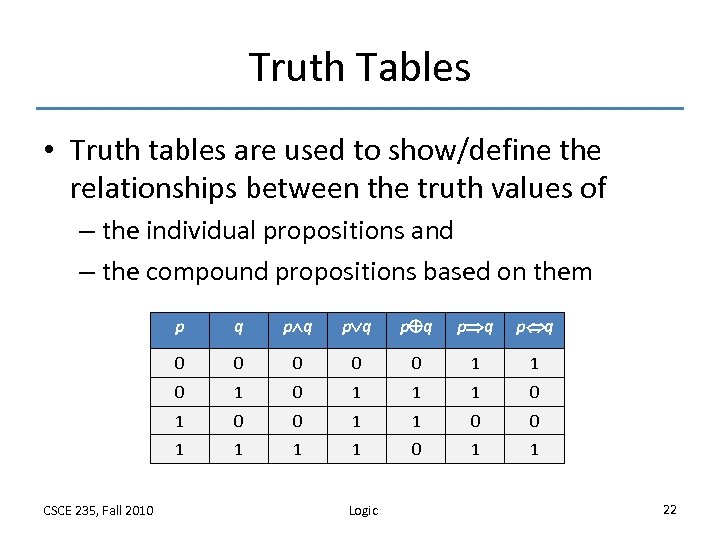 Truth Tables • Truth tables are used to show/define the relationships between the truth