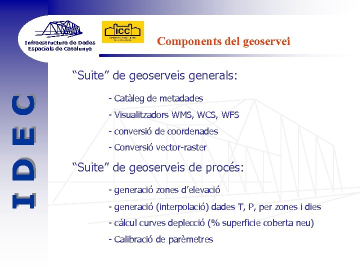 Infraestructura de Dades Espacials de Catalunya Components del geoservei “Suite” de geoserveis generals: -