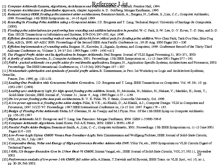 Reference List [1] Computer Arithmetic Systems, Algorithms, Architecture and Implementations. A. Omondi. Prentice Hall,
