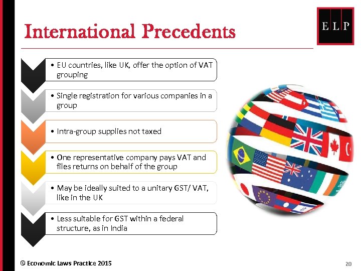 International Precedents • EU countries, like UK, offer the option of VAT grouping •