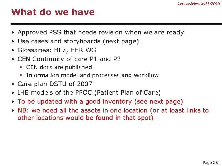 Last updated: 2011 -02 -09 What do we have • • Approved PSS that