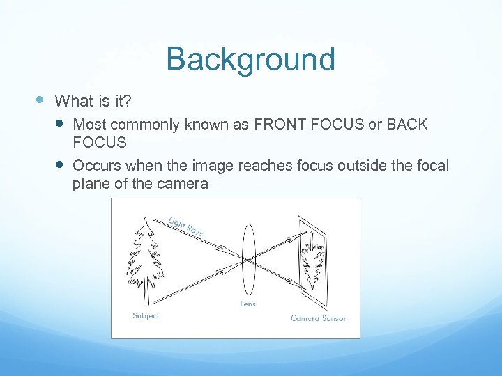 Background What is it? Most commonly known as FRONT FOCUS or BACK FOCUS Occurs