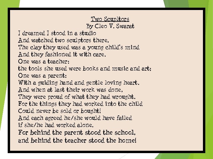 Two Scupltors By Cleo V. Swarat I dreamed I stood in a studio And