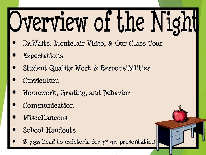  • Dr. Walts, Montclair Video, & Our Class Tour • Expectations • Student