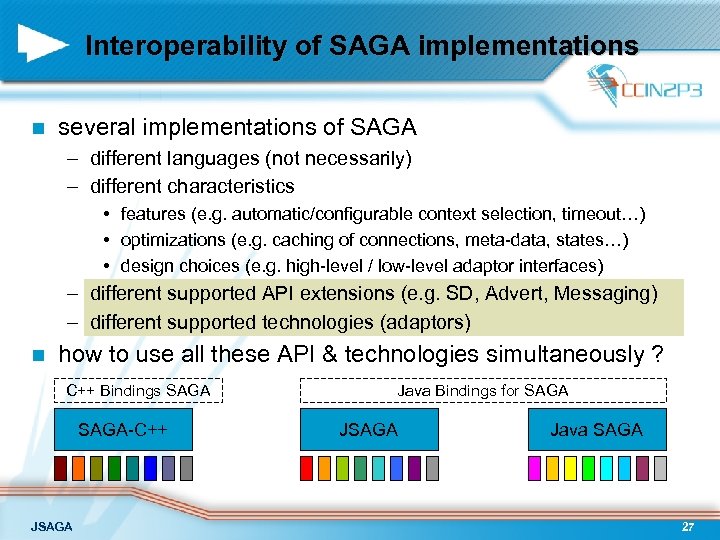 Interoperability of SAGA implementations n several implementations of SAGA – different languages (not necessarily)