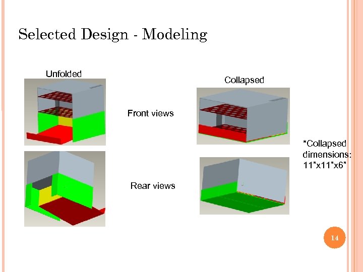 Selected Design - Modeling Unfolded Collapsed Front views *Collapsed dimensions: 11”x 6” Rear views