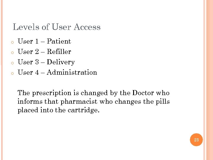 Levels of User Access o o User 1 – Patient User 2 – Refiller