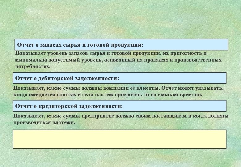Отчет о запасах сырья и готовой продукции: Показывает уровень запасов сырья и готовой продукции,