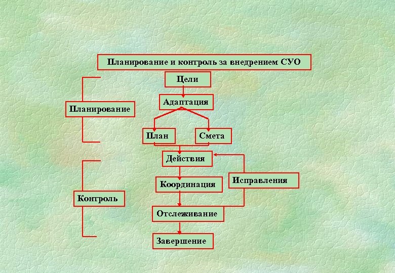 Планирование и контроль за внедрением СУО Цели Планирование Адаптация План Смета Действия Координация Контроль