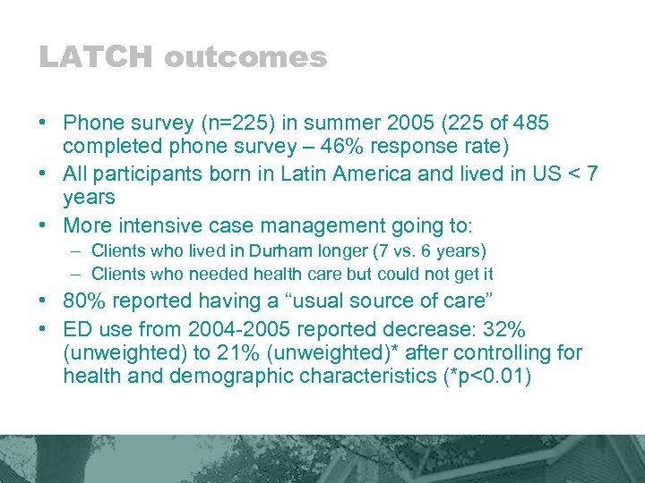 LATCH outcomes • Phone survey (n=225) in summer 2005 (225 of 485 completed phone