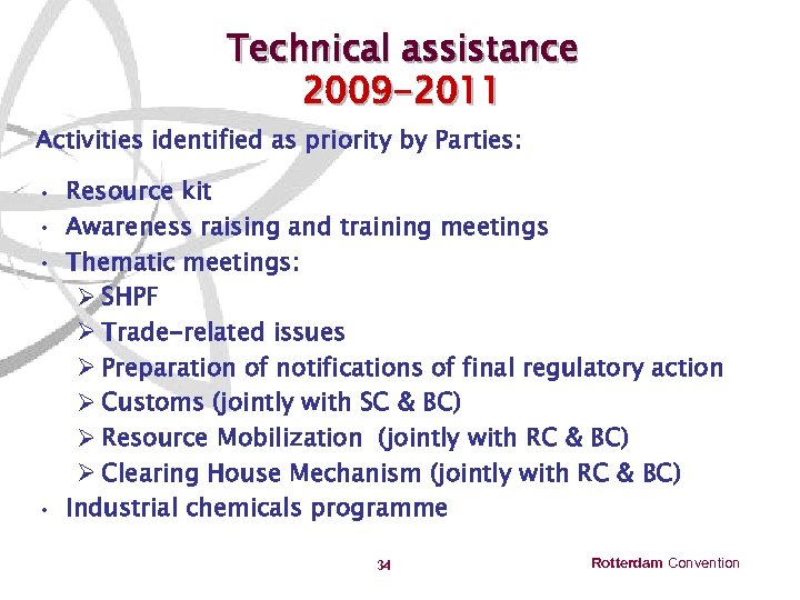 Technical assistance 2009 -2011 Activities identified as priority by Parties: • Resource kit •