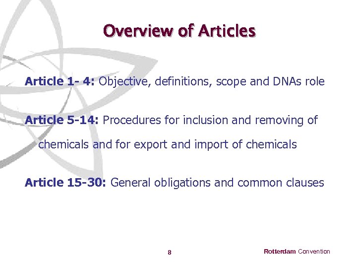Overview of Articles Article 1 - 4: Objective, definitions, scope and DNAs role Article