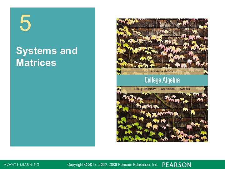 5 Systems and Matrices Copyright © 2013, 2009, 2005 Pearson Education, Inc. 1 