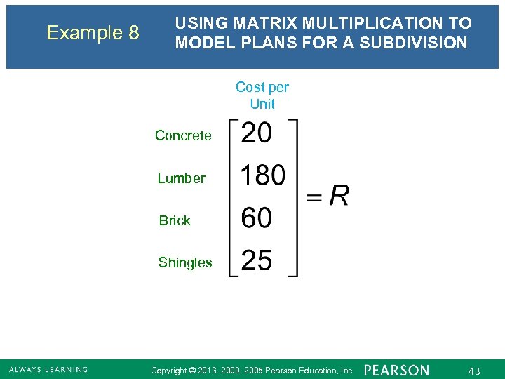 Example 8 USING MATRIX MULTIPLICATION TO MODEL PLANS FOR A SUBDIVISION Cost per Unit