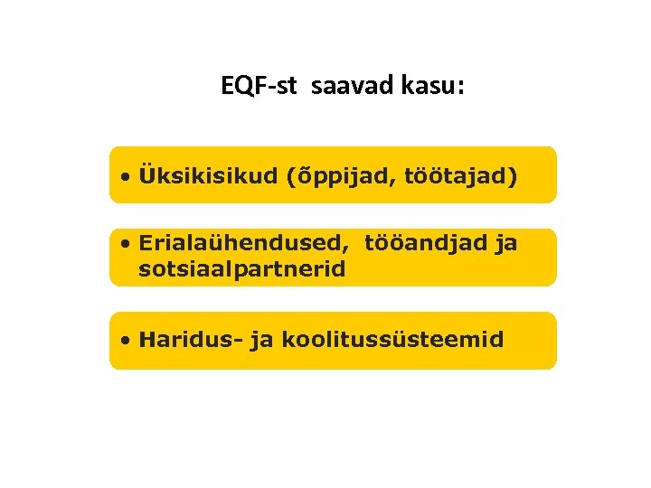 EQF-st saavad kasu: • Üksikisikud (õppijad, töötajad) • Erialaühendused, tööandjad ja sotsiaalpartnerid • Haridus-