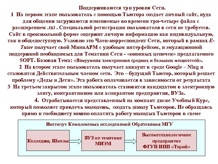Поддерживаются три уровня Сети. 1 На первом этапе пользователь с помощью Тьютора создает личный