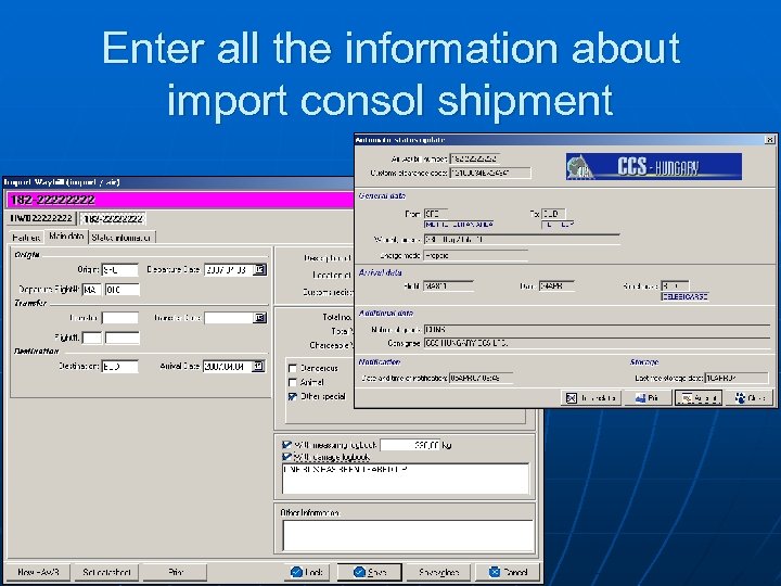 Enter all the information about import consol shipment 