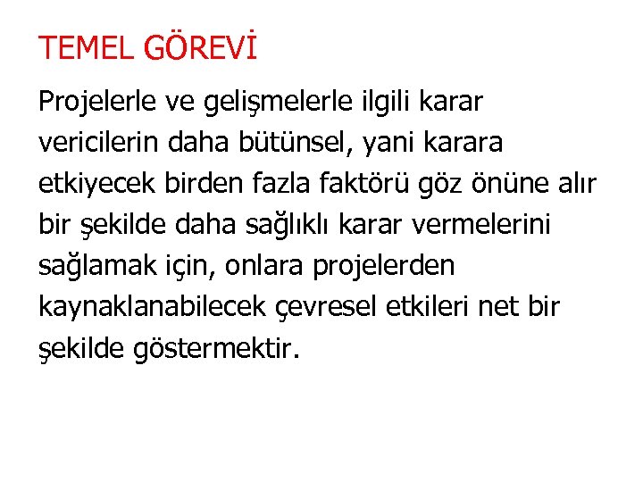 TEMEL GÖREVİ Projelerle ve gelişmelerle ilgili karar vericilerin daha bütünsel, yani karara etkiyecek birden