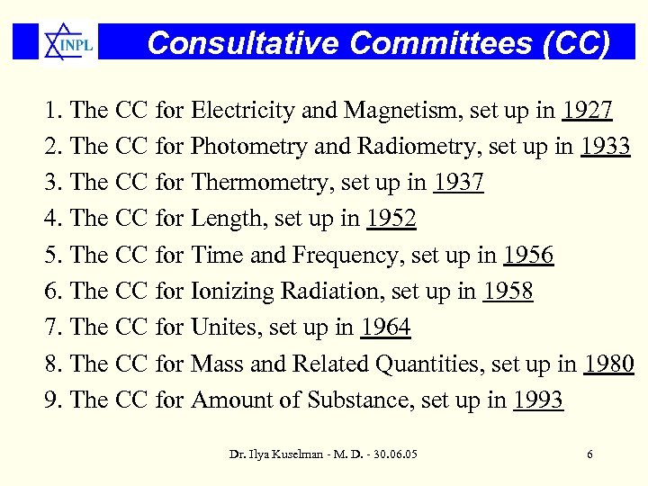 Consultative Committees (CC) 1. The CC for Electricity and Magnetism, set up in 1927