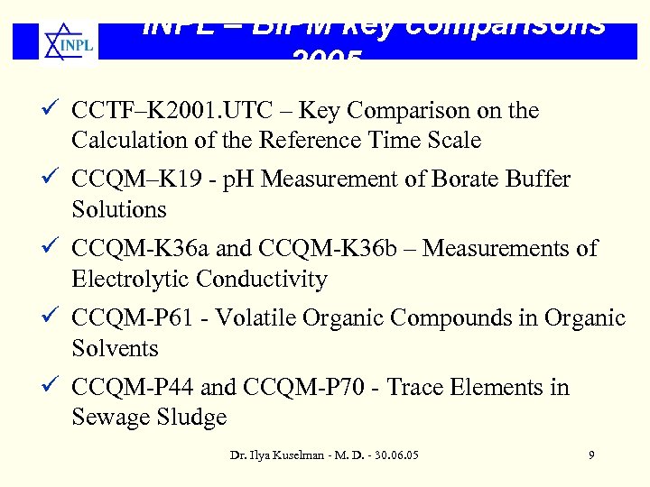 INPL – BIPM key comparisons 2005 ü CCTF–K 2001. UTC – Key Comparison on