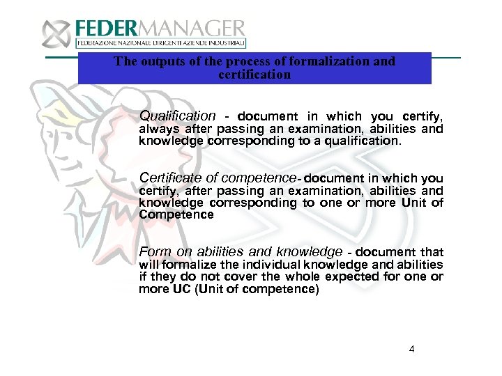 The outputs of the process of formalization and certification Qualification - document in which