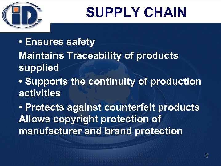 SUPPLY CHAIN • Ensures safety Maintains Traceability of products supplied • Supports the continuity