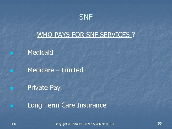 SNF WHO PAYS FOR SNF SERVICES ? n Medicaid n Medicare – Limited n