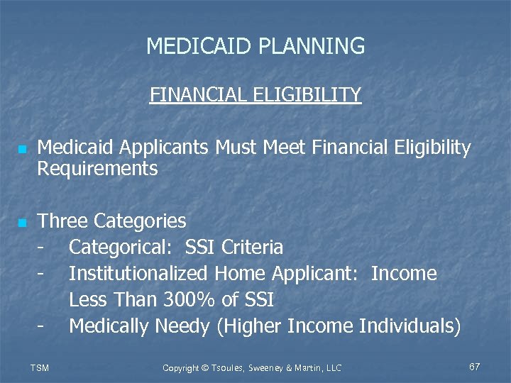 MEDICAID PLANNING FINANCIAL ELIGIBILITY n n Medicaid Applicants Must Meet Financial Eligibility Requirements Three