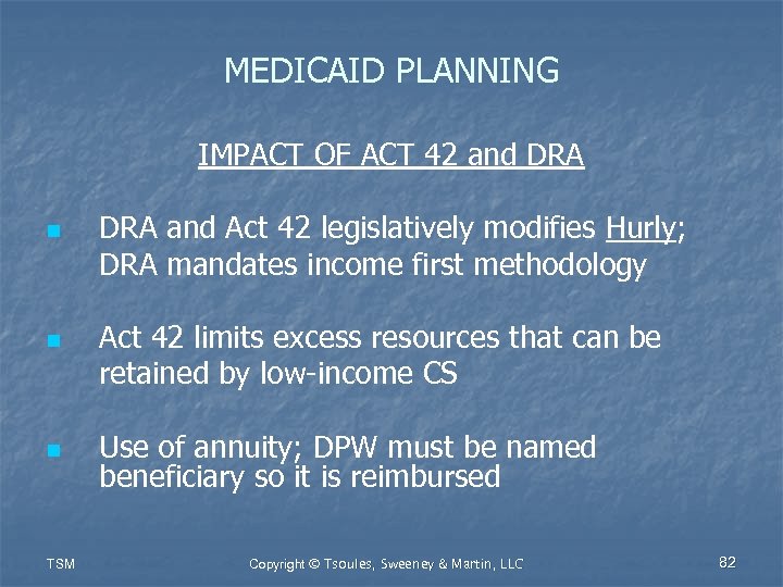 MEDICAID PLANNING IMPACT OF ACT 42 and DRA n n n TSM DRA and