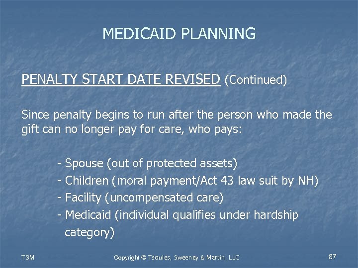 MEDICAID PLANNING PENALTY START DATE REVISED (Continued) Since penalty begins to run after the