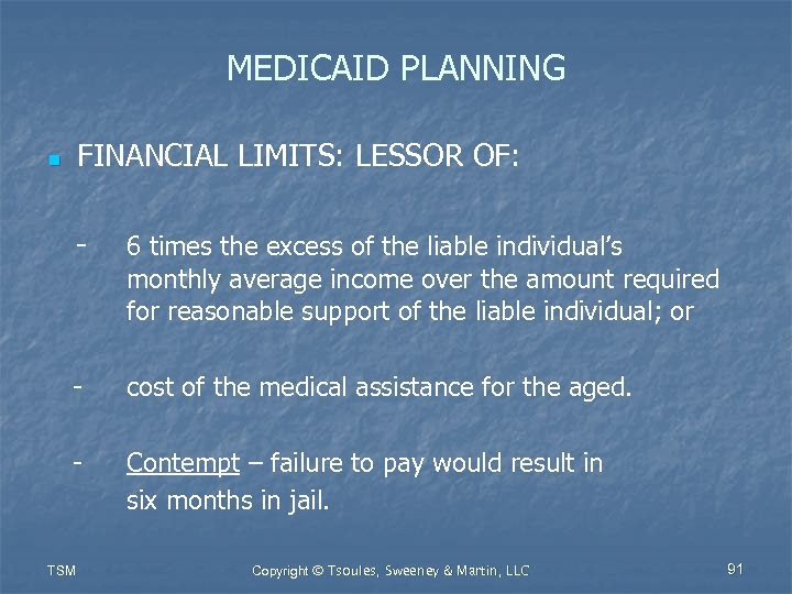 MEDICAID PLANNING FINANCIAL LIMITS: LESSOR OF: n - 6 times the excess of the