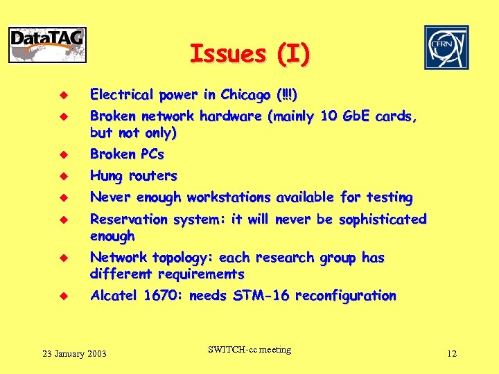 Issues (I) u u Electrical power in Chicago (!!!) Broken network hardware (mainly 10