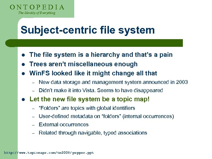 ONTOPEDIA The Identity of Everything Subject-centric file system l l l The file system