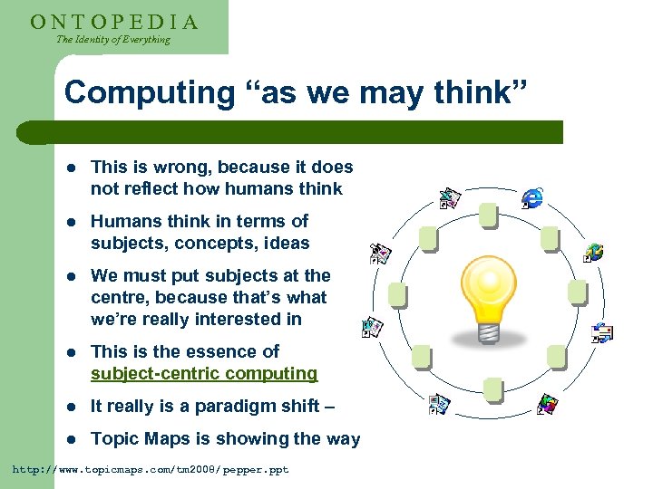 ONTOPEDIA The Identity of Everything Computing “as we may think” l This is wrong,