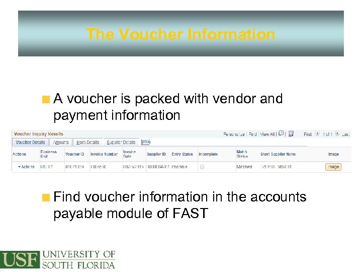 The Voucher Information A voucher is packed with vendor and payment information Find voucher