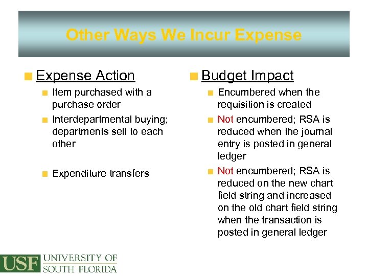 Other Ways We Incur Expense Action Item purchased with a purchase order Interdepartmental buying;