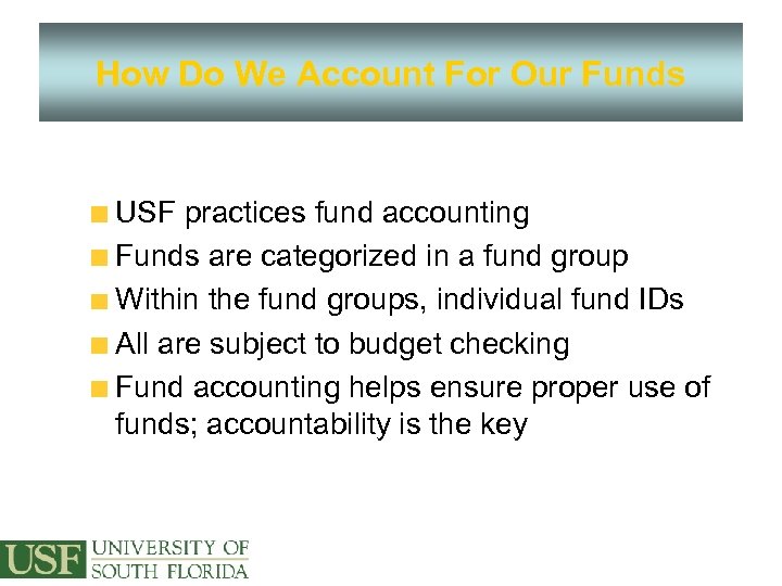 How Do We Account For Our Funds USF practices fund accounting Funds are categorized