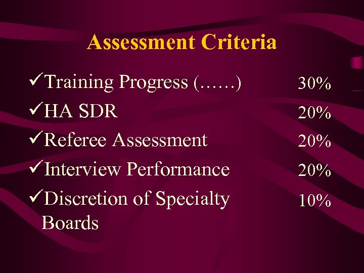 Assessment Criteria üTraining Progress (……) üHA SDR üReferee Assessment üInterview Performance üDiscretion of Specialty